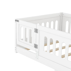 English Elm Twin Size Floor Bed With Safe Guardrails & Playful Door - Solid Wood Bedframe For Kids’ Rooms W1820P240538-GIGA