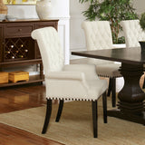 Beige Fabric Upholstered Arm Chair with Rolled Backrest, Button Tufting & Nailhead Trim, Rustic Espresso Legs