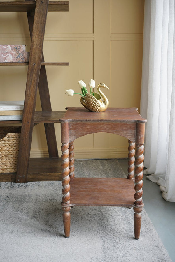 English Elm 15.5x15.5x23.5" Farmhouse Wood Side Table Barley Twist Legs Tiered Open Shelving W2078P460667