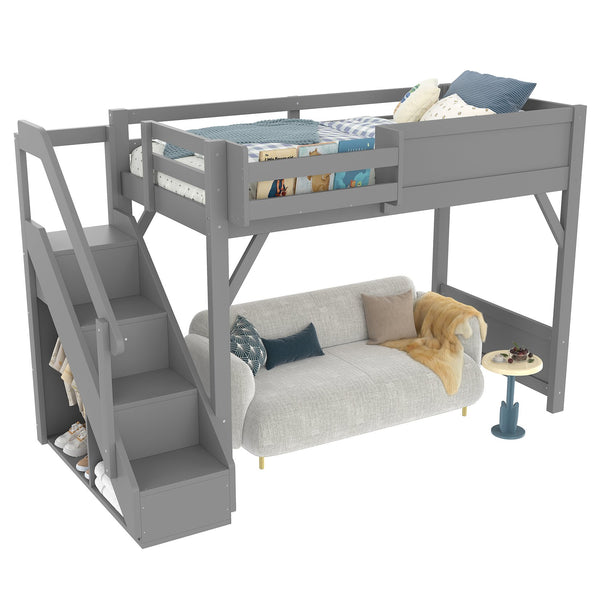 English Elm Twin Low Loft Bed Solid Pine Frame Kids Study Desk Blackboard Storage White Gray W1580S00467