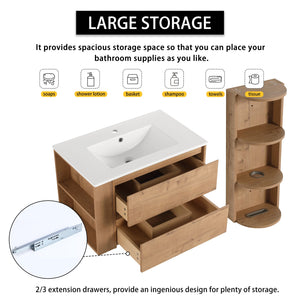 English Elm 30" Wall-Mounted Bathroom Vanity With Ceramic Sink, 2 Soft-Close Drawers & Space-Saving Rack W999S00343