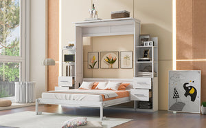 English Elm Queen Murphy Wall Bed with Led Lighting Open Shelves Drawers Space Saving Cabinet LP000566AAK-4