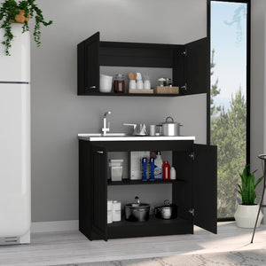 English Elm Zurich Modern Black Cabinet Set with Two Shelves — Particle Board, Multi-Height Counters, Compact Storage B070S00347