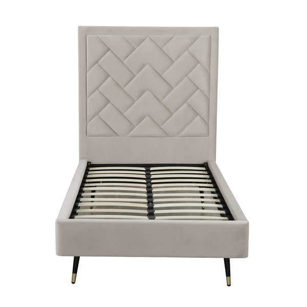 English Elm Crosby Upholstered Velvet Twin Bed in Greige with Chevron Headboard, Solid Slats, Foam Padding, No Box Spring Needed B365S00043