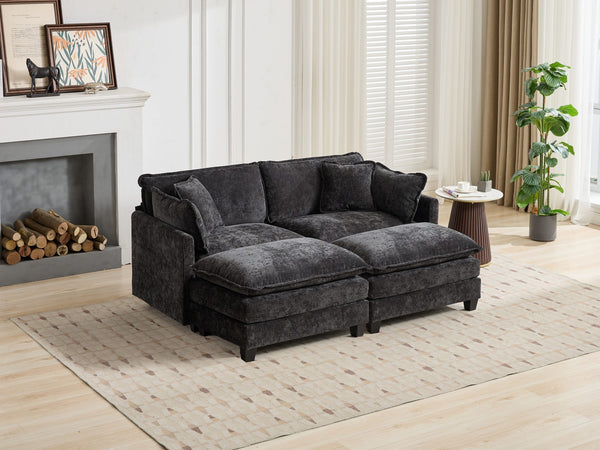 English Elm Cloud Velvet Ottoman with Double-Layer Cushion, Modular Modern Sectional Accent Seat, Breathable Chenille Upholstery, Adjustable Backrest Black W1143P310514