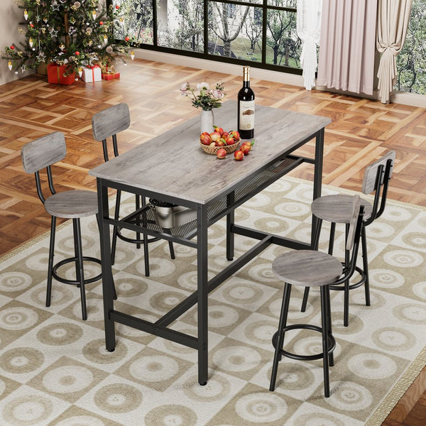 English Elm Bar Modern 5-Piece Counter Height Dining Set for 4 — Space-Saving, Easy-Clean MDF Top & Sturdy Iron Frame Antique Grey W578P303837