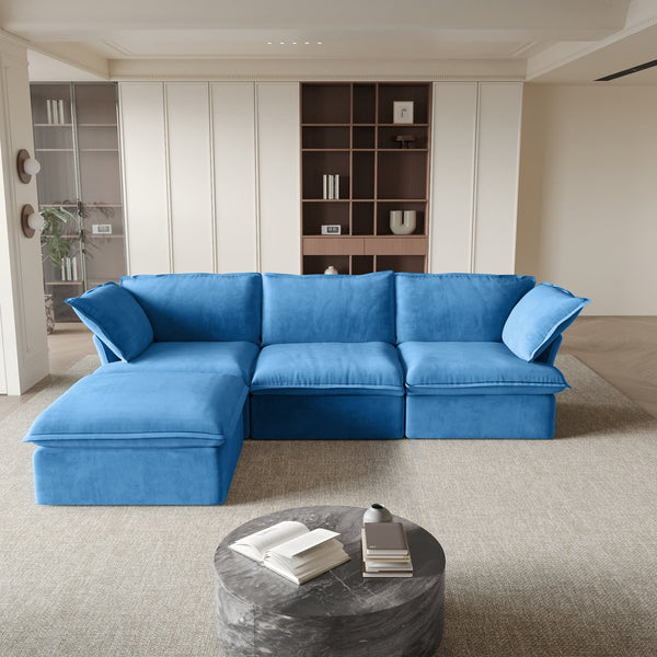 English Elm Sky Cloud Sectional Sofa with Cloud-Like Comfort, Modular L-Shaped Velvet Seating, Removable Covers, Storage Ottoman Blue B341S00022
