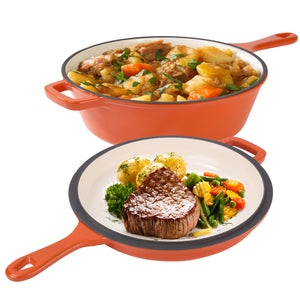 English Elm Enameled Cast Iron Skillets Dutch Oven Set 3QT + 1.5QT – Durable Heat-Retaining, Versatile Cookware Orange T3950P399255