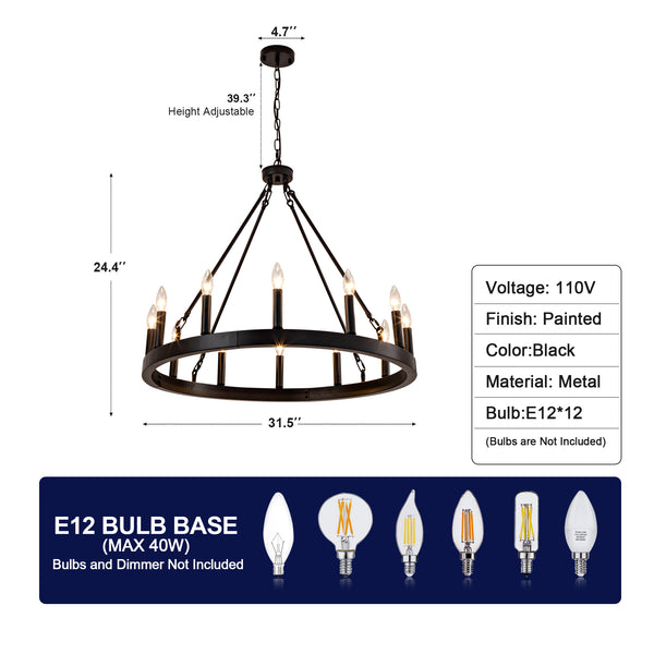 English Elm 12-light Wagon Wheel Chandelier Black Iron Rustic Farmhouse Fixture for Dining Rooms W2991P406726