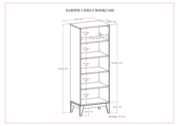 English Elm Harper Mid-Century 5-Shelf Bookcase in Walnut Brown – Solid Rubberwood, 4 Adjustable Shelves, 66" B136P238604