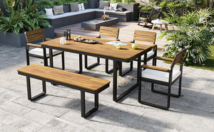 English Elm 6-piece Outdoor Acacia Wood Patio Dining Set with Cushioned Chairs Bench Steel Frame Beige N704G201255A