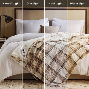 English Elm 1-piece Aztec Heated Throw with 12 Settings Auto Shutoff Soft Ivory Boho Blanket Tan Plaid B035P408330
