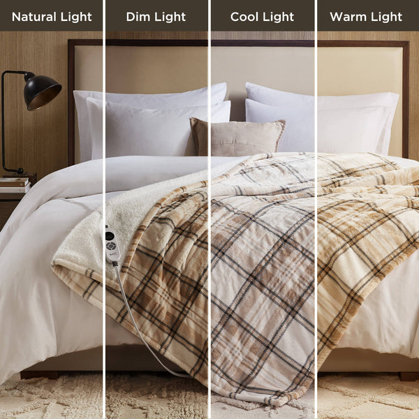 English Elm 1-piece Aztec Heated Throw with 12 Settings Auto Shutoff Soft Ivory Boho Blanket Tan Plaid B035P408330