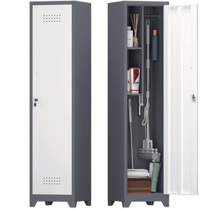 English Elm Metal Slim Broom Cabinet Lockable Steel Storage Unit with Hooks for Utility Spaces T3625P448064