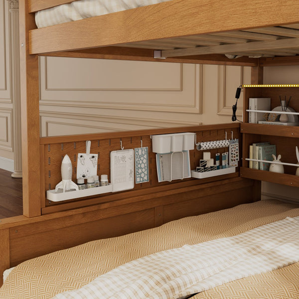 English Elm Full Xl Over Queen Bunk Bed Pinewood Frame with Led Lights Shelving Pegboard Brown LT000279AAP