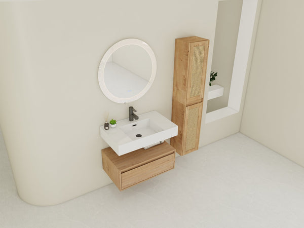 English Elm 30 Inch Wall-Mounted Bathroom Vanity With Resin Sink & Soft Close Drawers - Modern Storage Solution W999S00354