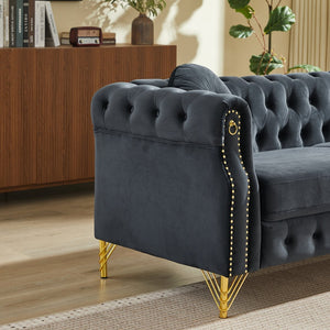 English Elm Velvet Chesterfield Tufted Sofa with Copper Stud Trim and Gold Legs for Glam Living Black W834S00628