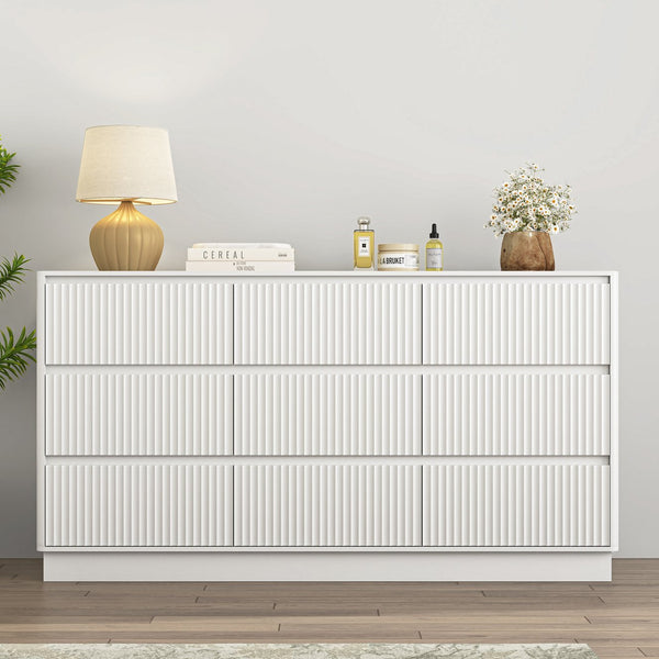 English Elm 9 Drawer Matte Wood Dresser with Wave Front Mid Century Modern Low Profile Storage White W409P387581