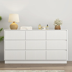English Elm 9 Drawer Mid Century Wood Dresser Low Profile Matte Finish Bedroom Storage Cabinet White W409S00013