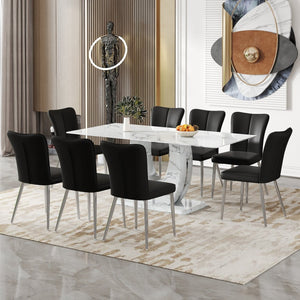 English Elm Table Modern Marble Pattern Dining Set - 71"X35.4" Tempered Glass Table With 8 Stylish Black Chairs W1151S02126-GIGA