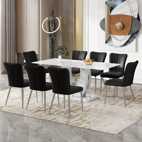 English Elm Table Modern Marble Pattern Dining Set - 71"X35.4" Tempered Glass Table With 8 Stylish Black Chairs W1151S02126-GIGA