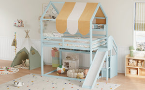 English Elm Full Size Wood Loft Bed with Canopy Slide and Built in Bookshelves for Kids Light Green N7090005021F