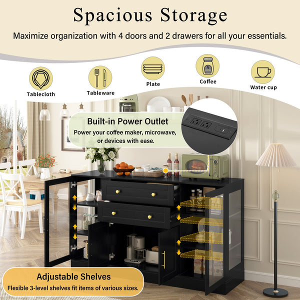 English Elm U-style Modern Buffet Sideboard with Acrylic Doors Power Outlet and Adjustable Storage Black N711P437648B