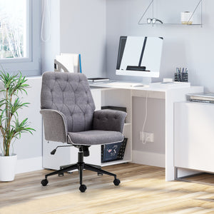 English Elm HOMCOM Tufted Linen Home Office Chair with Padded Armrests, Height Adjustable Swivel Desk Seat, Dark Gray W2225P217955