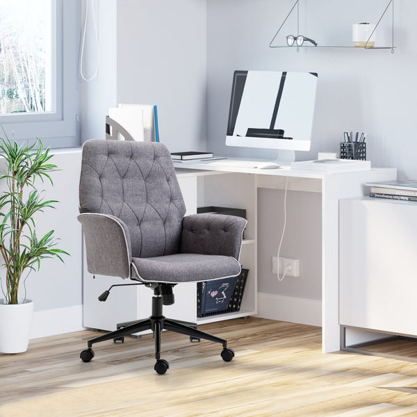English Elm HOMCOM Tufted Linen Home Office Chair with Padded Armrests, Height Adjustable Swivel Desk Seat, Dark Gray W2225P217955