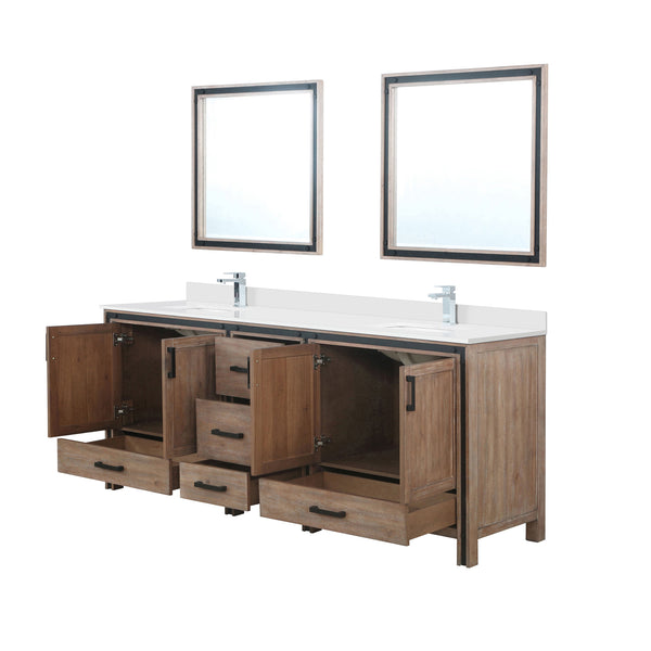English Elm Rustic Barnwood Double Bath Vanity 84" W x 22" D with White Quartz Top, Chrome Faucets & 34" Mirrors B2731S01137
