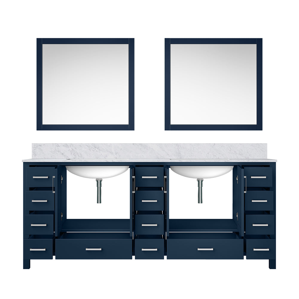 English Elm Navy Double Bath Vanity 84" W x 22" D with Carrara Marble Top, Soft-Close Drawers & 34" Mirrors B2731S00852