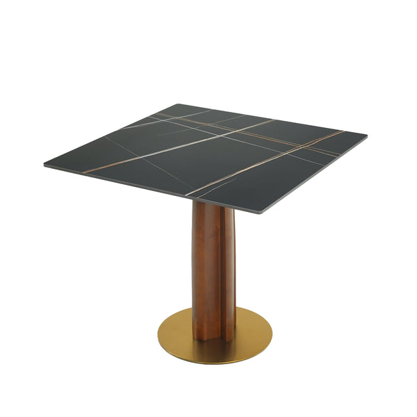 English Elm Modern Square Dining Table – 33.5" Sintered Stone & Wooden Legs, Chic Gold Base For Small Spaces W1535S00603
