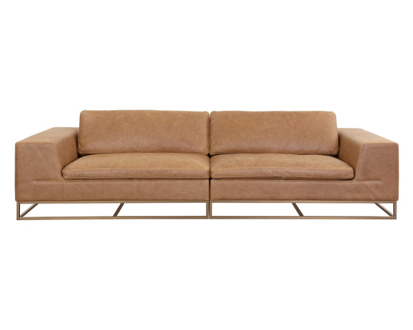 Sunpan IRA Sofa - Luxurious Camel Leather with Gold Base, Modern Design & Ultimate Comfort for Living Spaces 111478