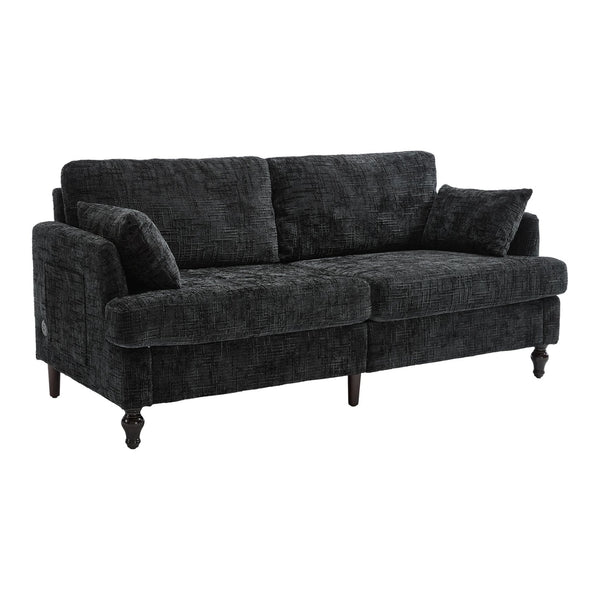 English Elm Modern chenille 2-seater sofa with LED lighting, USB charging, storage pocket, sturdy wood legs Black W395P318548