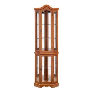 English Elm Lighted Corner Curio Cabinet With Adjustable Shelves & Tempered Glass - Elegant Oak Display Piece W1758P300132