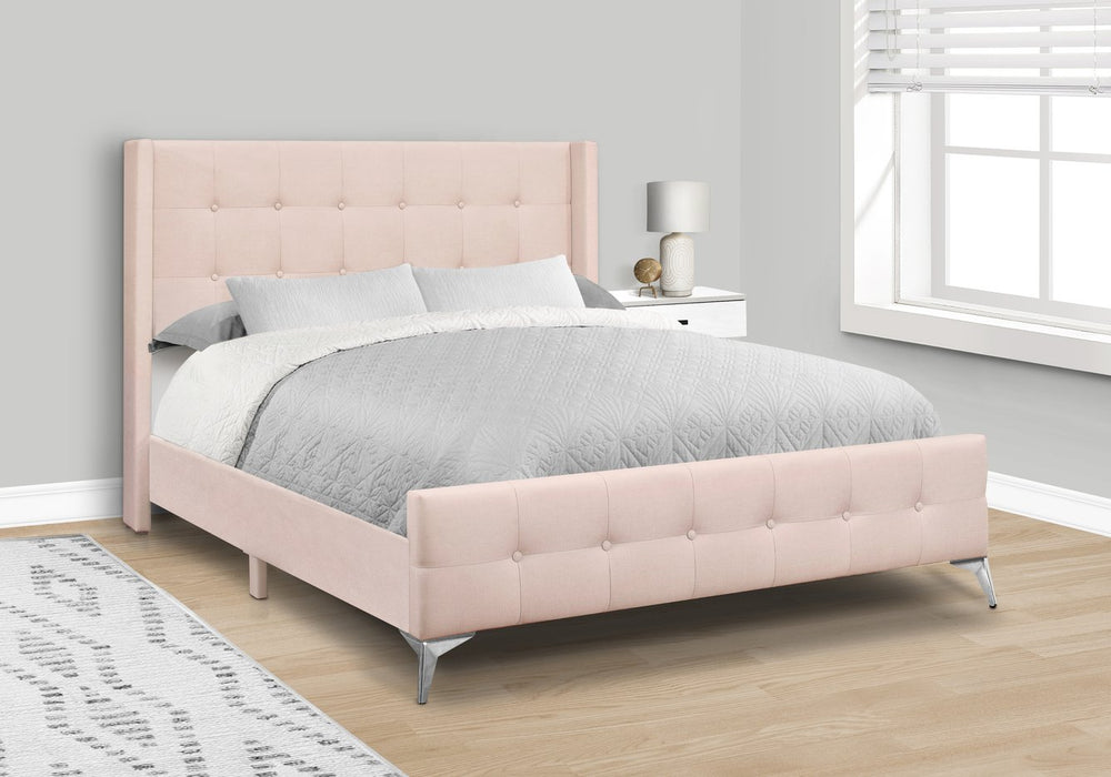 English Elm Bed, Queen Size Pink Velvet Upholstered Platform Bed with Tufted Wingback Headboard & Chrome Legs B2710P219576
