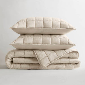 English Elm 3-piece French Linen Quilt Set King Garment Washed Box Stitch Breathable Bedding Linen B035P408298