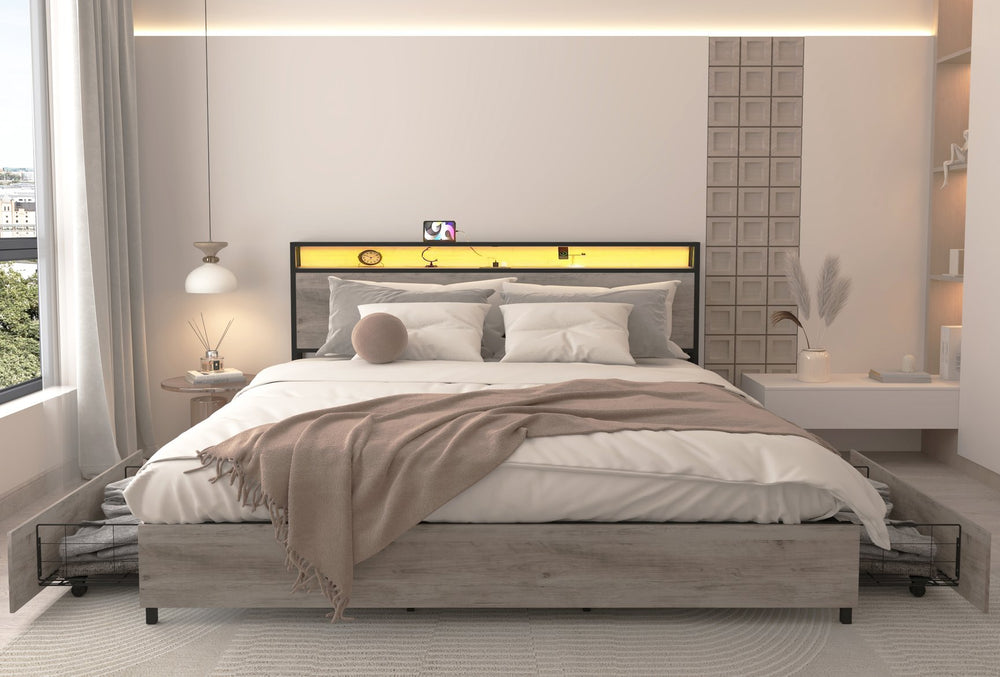 English Elm King Storage Bed with Led Lighting Charging Station Four Drawers Metal Slat Frame W2129P210693