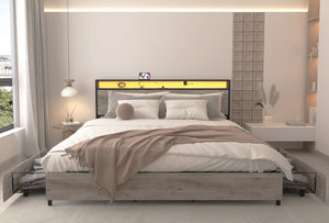 English Elm King Storage Bed with Led Lighting Charging Station Four Drawers Metal Slat Frame W2129P210693