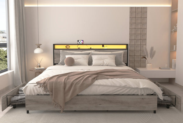 English Elm King Storage Bed with Led Lighting Charging Station Four Drawers Metal Slat Frame W2129P210693