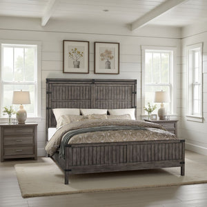 English Elm Storehouse King Bed Hardwood Frame with Iron Rivets and Smoked Grey Plank Headboard B108S00050