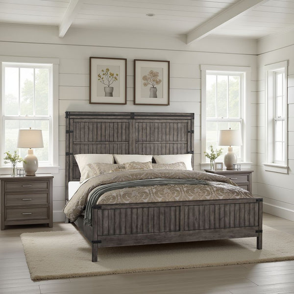 English Elm Storehouse King Bed Hardwood Frame with Iron Rivets and Smoked Grey Plank Headboard B108S00050