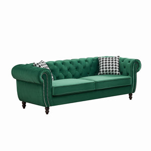English Elm 87"Chesterfield Velvet Upholstery Sofa with Roll Armrests & Nailhead Trim, 3-Seater Luxurious Midcentury Design Green W3373S00047