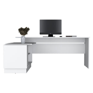 English Elm L-Shaped Desk Farrell White with 65" Work Surface, Integrated Cabinet & Open Shelves for Office Use B092S00266