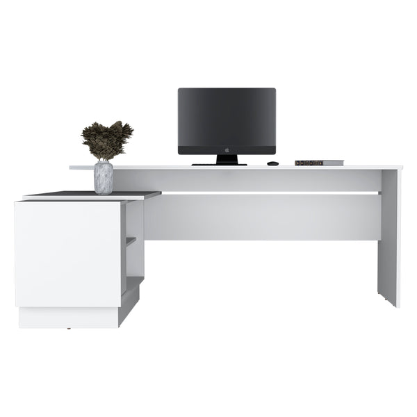 English Elm L-Shaped Desk Farrell White with 65" Work Surface, Integrated Cabinet & Open Shelves for Office Use B092S00266
