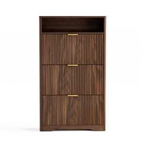 English Elm Shoe Cabinet Slim Entryway Organizer with Flip Compartments Wave Front and Gold Hardware Walnut W1162P384347