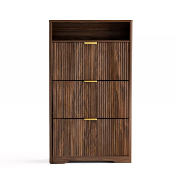 English Elm Shoe Cabinet Slim Entryway Organizer with Flip Compartments Wave Front and Gold Hardware Walnut W1162P384347