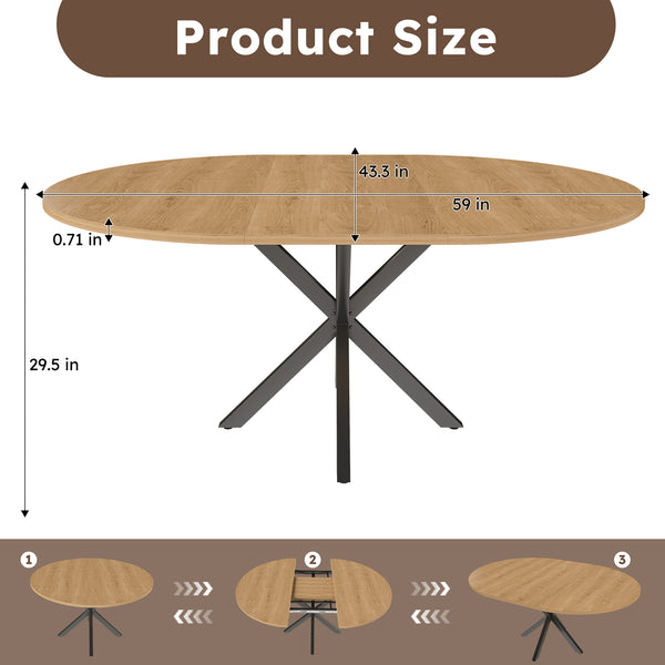 English Elm Extendable Round Oak Finish Dining Table Seats Six with Steel Base Modern Kitchen W2700P420811
