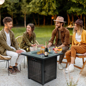 English Elm Outdoor Fire Pit 50,000 BTU Propane Gas Fire Table with Wicker Base, Glass Wind Guard, Lid, Patio Warmer Brown+Black W213P266089