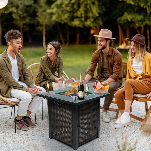English Elm Outdoor Fire Pit 50,000 BTU Propane Gas Fire Table with Wicker Base, Glass Wind Guard, Lid, Patio Warmer Brown+Black W213P266089